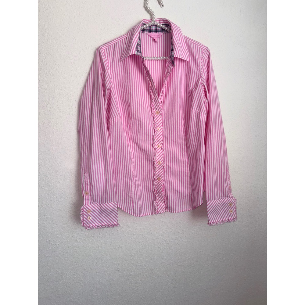 Lilly Pulitzer‎ Striped Button Down Shirt 6 Pink white Ruffle Trim cotton preppy